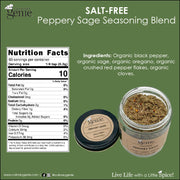 Culinary Genie Salt-Free Peppery Sage Seasoning Blend packaging with nutrition facts and ingredients listed.