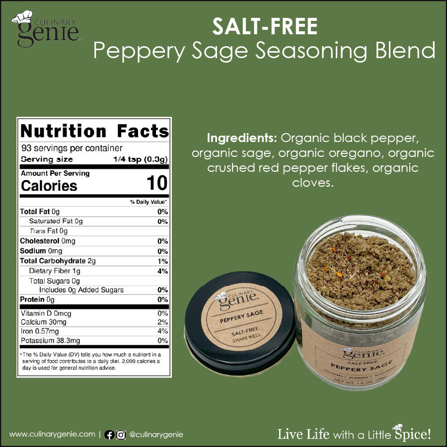Culinary Genie Salt-Free Peppery Sage Seasoning Blend packaging with nutrition facts and ingredients listed.