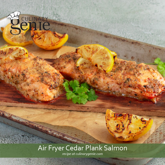 Air Fryer Cedar Plank Salmon recipe using Culinary Genie Salt-Free Citrus Pepper Seasoning Blend