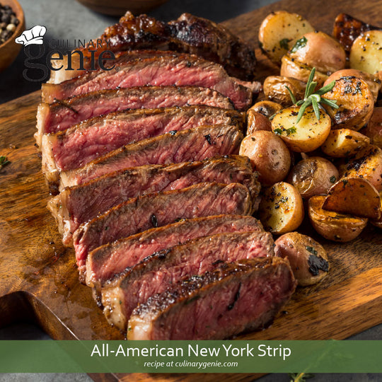 All-American New York Strip recipe using Culinary Genie All-American BBQ Seasoning Blend.