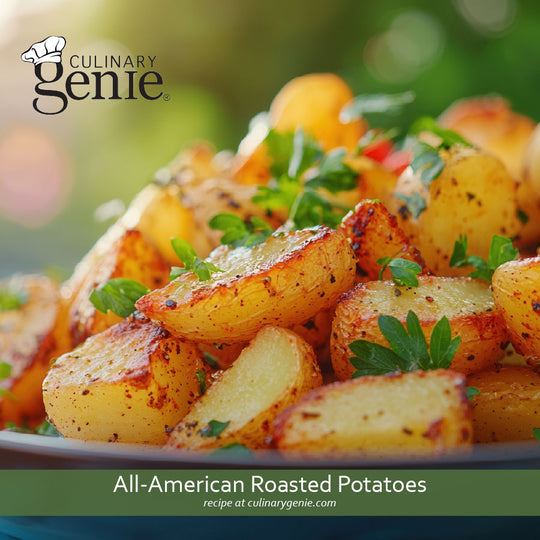 All-American Roasted Potatoes recipe using Culinary Genie Salt-Free All-American BBQ Seasoning Blend.