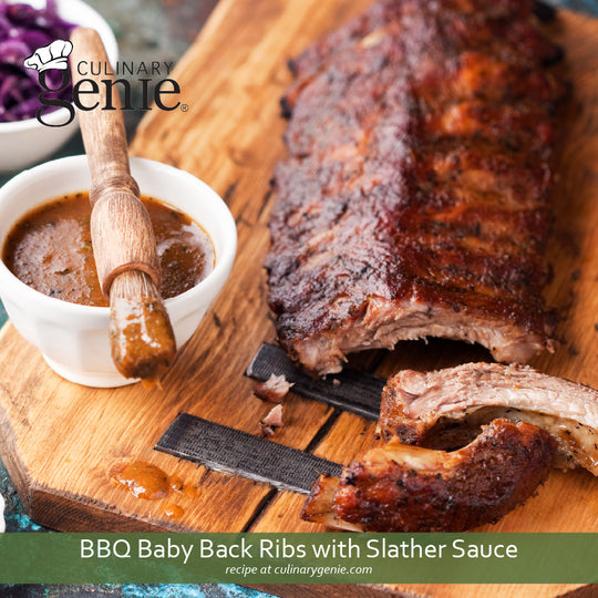 BBQ Baby Back Ribs with Slather Sauce recipe using Culinary Genie Salt-Free All-American BBQ Seasoning Blend.