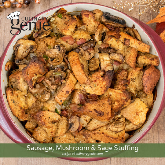 Bacon Mushroom and Sage Stuffing recipe using Culinary Genie Salt-Free Peppery Sage Seasoning Blend