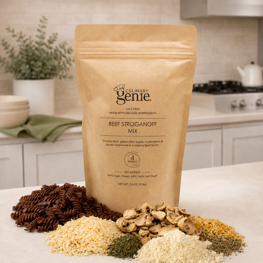 Culinary Genie Salt-Free Beef Stroganoff Mix packaging with ingredients