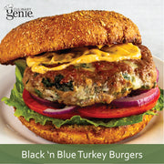Culinary Genie Black and Blue Turkey Burgers recipe image featuring Culinary Genie Salt-Free Blackened Seasoning Blend.