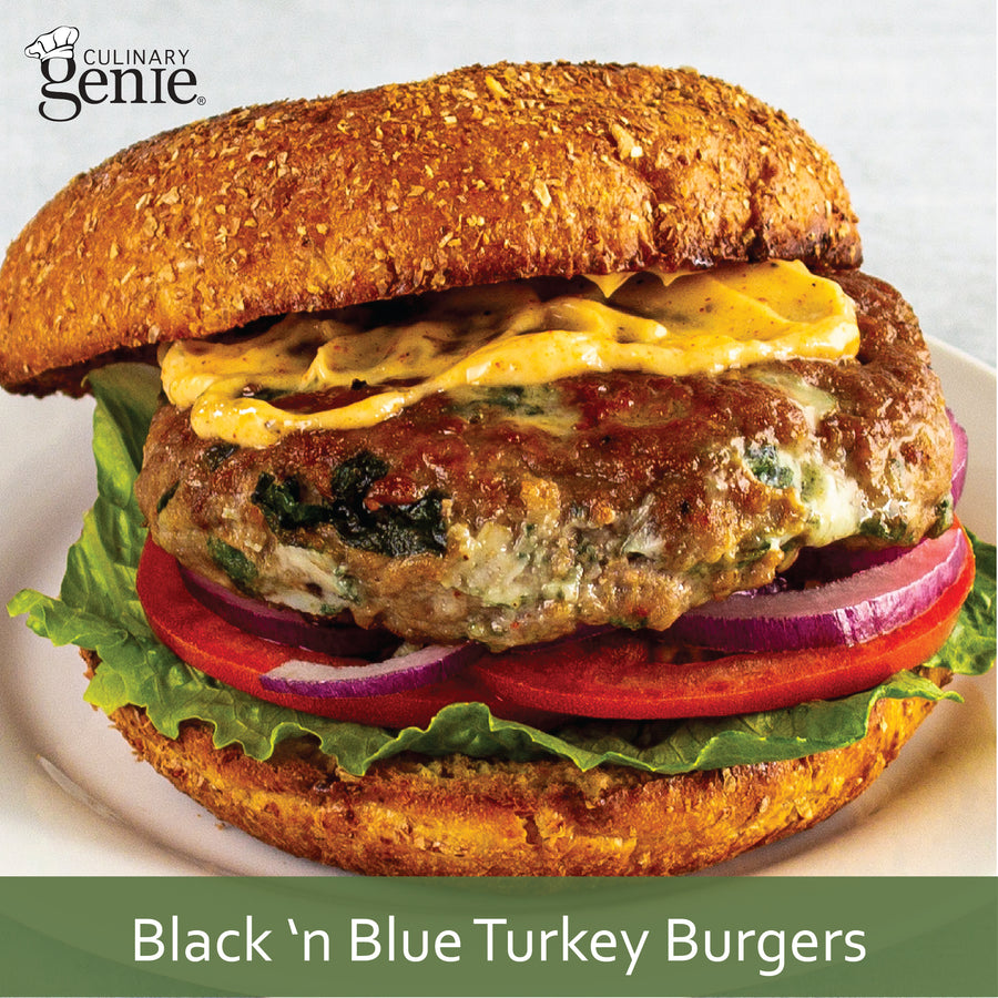 Culinary Genie Black and Blue Turkey Burgers recipe image featuring Culinary Genie Salt-Free Blackened Seasoning Blend.