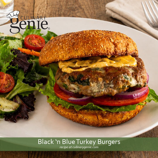 Black and Blue Turkey Burgers recipe using Culinary Genie Salt-Free Blackened Seasoning Blend