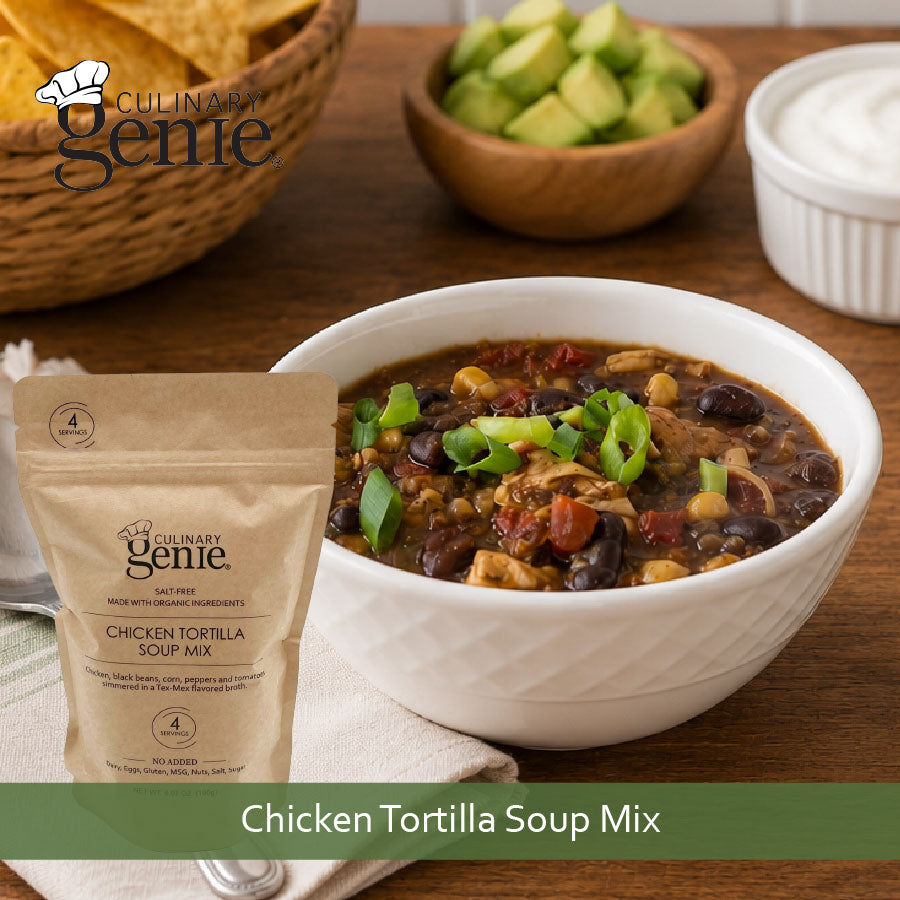 Culinary Genie Salt-Free Chicken Tortilla Soup Mix prepared