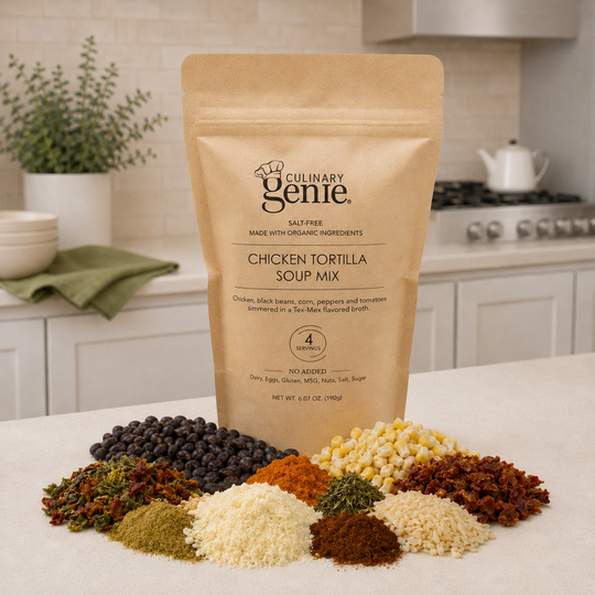 Culinary Genie Salt-Free Chicken Tortilla Soup Mix package with ingredients