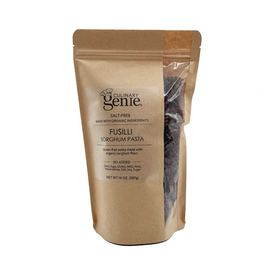 Culinary Genie Gluten-Free Fusilli Sorghum Pasta package on white background.