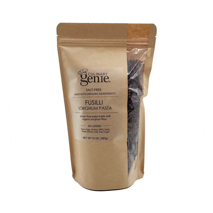Culinary Genie Gluten-Free Fusilli Sorghum Pasta package on white background.