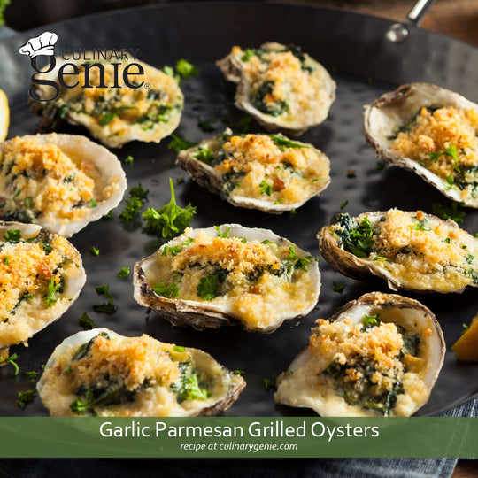 Garlic Parmesan Grilled Oysters recipe using Culinary Genie Salt-Free Garlic & Herb Seasoning Blend
