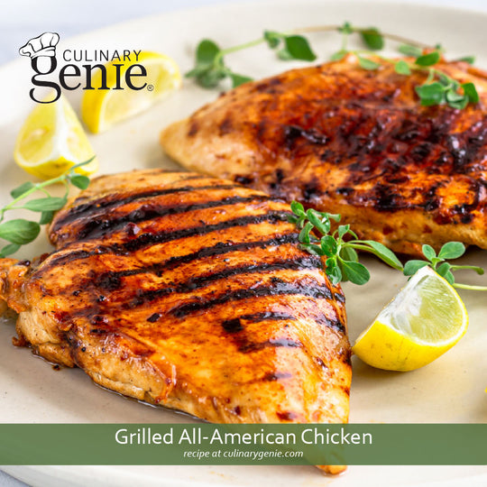Grilled All-American Chicken Breasts recipe using Culinary Genie Salt-Free All-American BBQ Seasoning Blend.