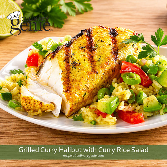 Grilled Curry Halibut with Curry Rice Salad recipe using Culinary Genie Salt-Free Hot Curry Seasoning Blend
