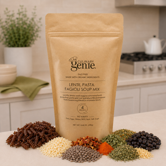 Culinary Genie Salt-Free Lentil Pasta Fagioli Soup Mix package with ingredients