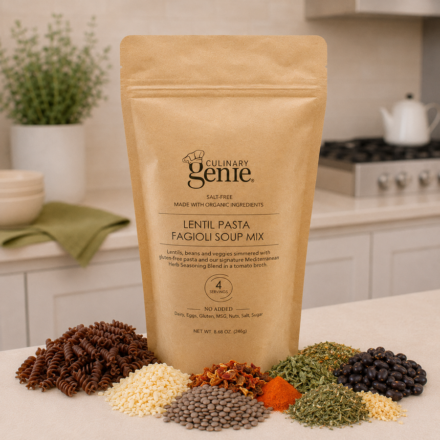 Culinary Genie Salt-Free Lentil Pasta Fagioli Soup Mix package with ingredients