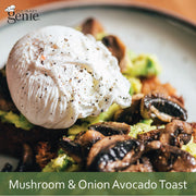 Mushroom and Onion Avocado Toast with a poached egg on a plate, featuring Culinary Genie Salt-Free Peppery Sage Seasoning Blend.