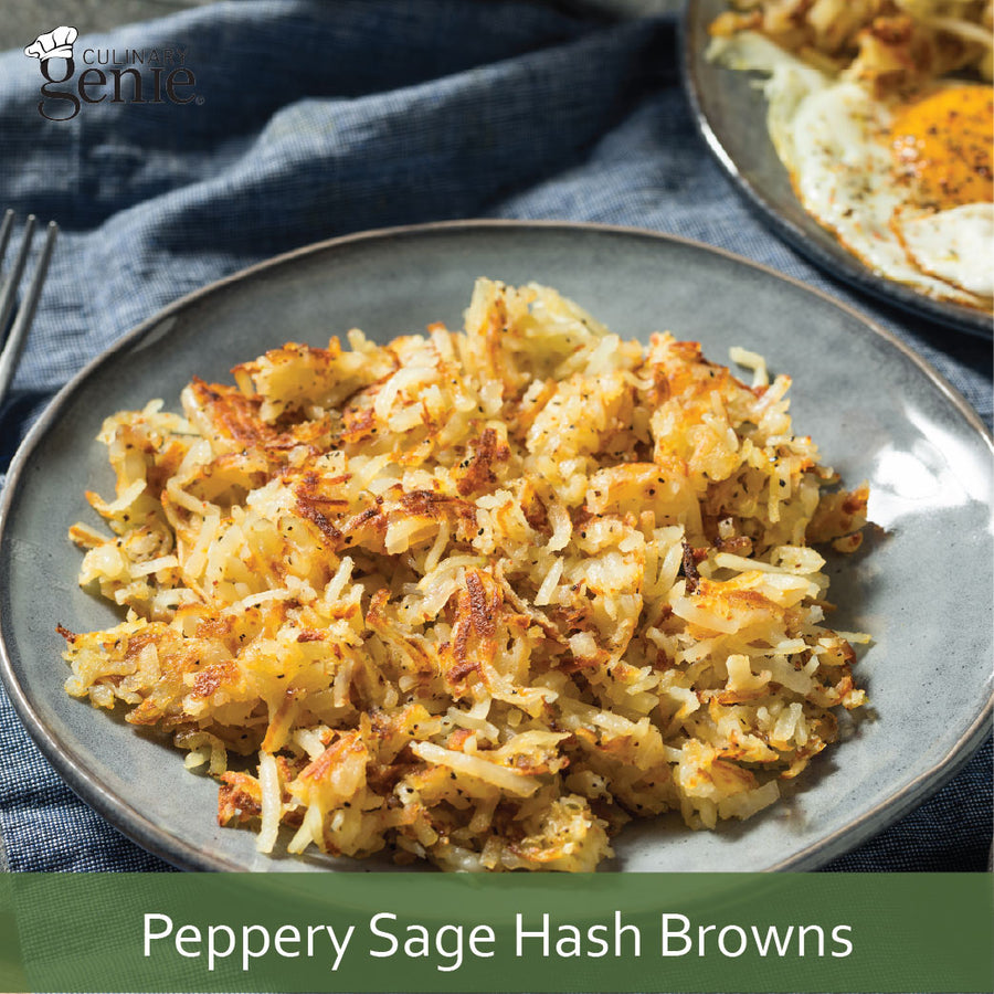 Culinary Genie Peppery Sage Hash Browns recipe image featuring Culinary Genie Salt-Free Peppery Sage Seasoning Blend.