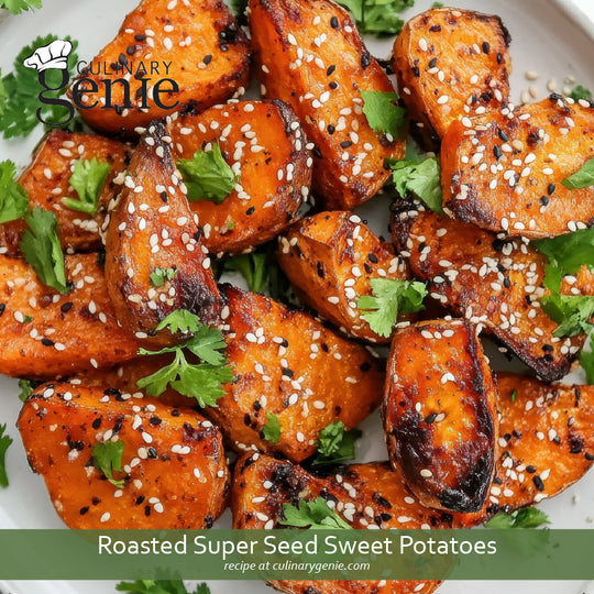 Roasted Super Seed Sweet Potatoes recipe using Culinary Genie Salt-Free Super Seed Everything Bagel Seasoning Blend