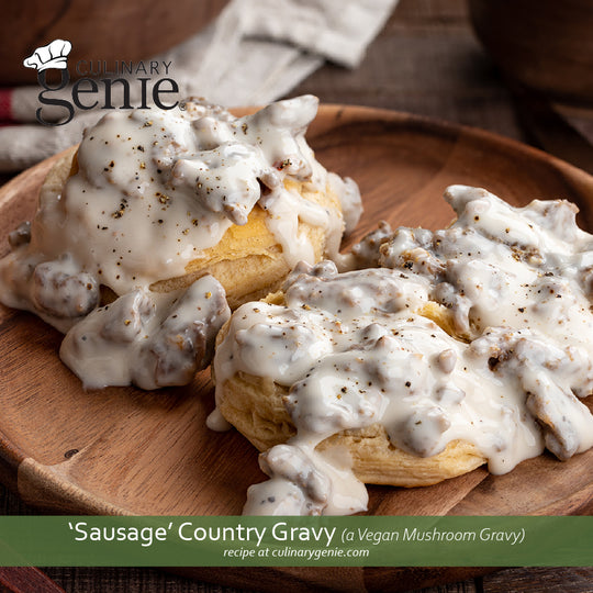A vegetarian "Sausage" Country Gravy recipe featuring mushrooms and using Culinary Genie Salt-Free Peppery Sage Seasoning Blend
