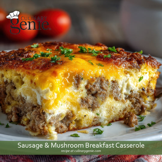 Sausage and Mushroom Breakfast Casserole recipe using Culinary Genie Salt-Free Peppery Sage Seasoning Blend