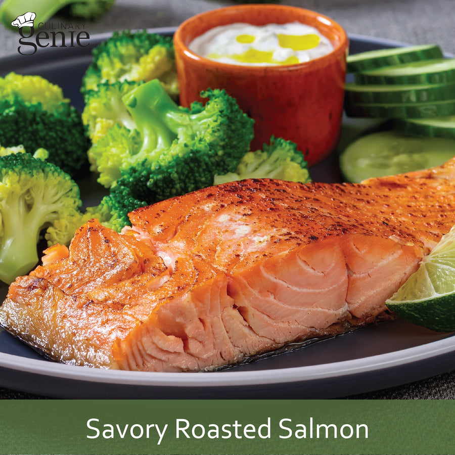 Culinary Genie Savory Roasted Salmon recipe featuring Culinary Genie Salt-Free Umami Mushroom Seasoning Blend.