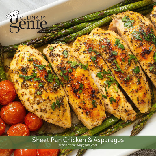 Sheet Pan Chicken and Asparagus recipe using Culinary Genie Salt-Free Mediterranean Herb Seasoning Blend