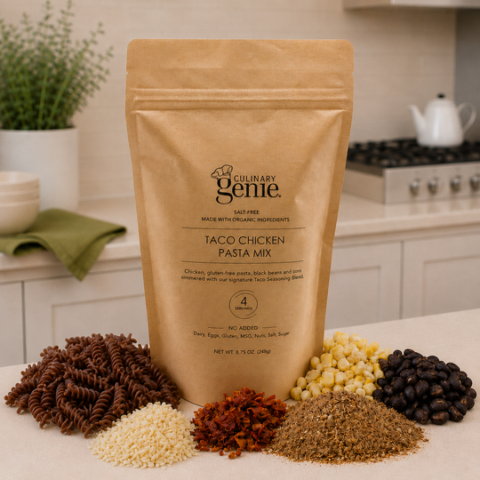 Culinary Genie Salt-Free Taco Chicken Pasta Mix package with ingredients