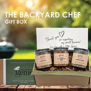 Culinary Genie The Backyard Chef Gift Box including Salt-Free All-American BBQ Seasoning Blend, Salt-Free Everyday Seasoning Blend and Salt-Free Garden Herbs Seasoning Blend.