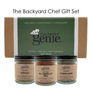 Culinary Genie The Backyard Chef Gift Box including Salt-Free All-American BBQ Seasoning Blend, Salt-Free Everyday Seasoning Blend and Salt-Free Garden Herbs Seasoning Blend.