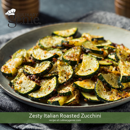 Zesty Italian Roasted Zucchini recipe using Culinary Genie Salt-Free Zesty Italian and Pizza Seasoning Blend